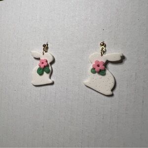 White Bunny Earrings with Pink Flower